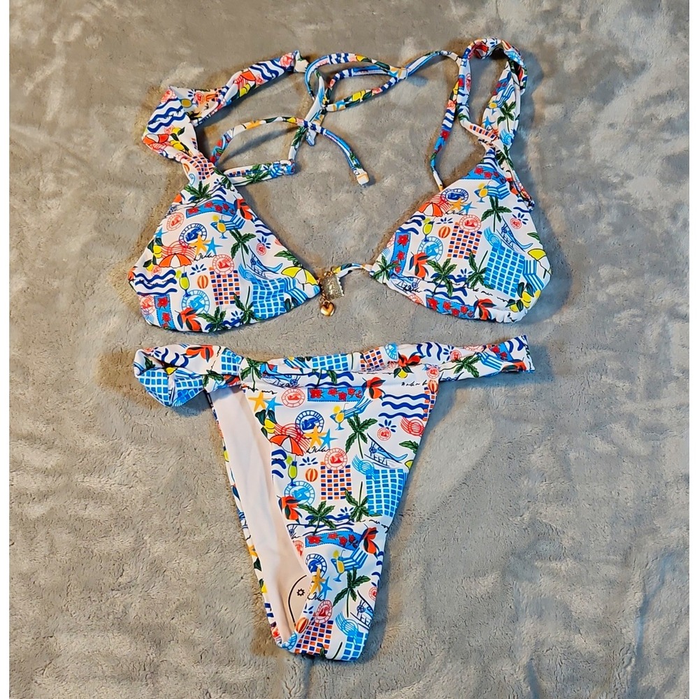 Womens Multicolor Print Triangle Halter Bikini Set Adjustable Straps 2 Pc M